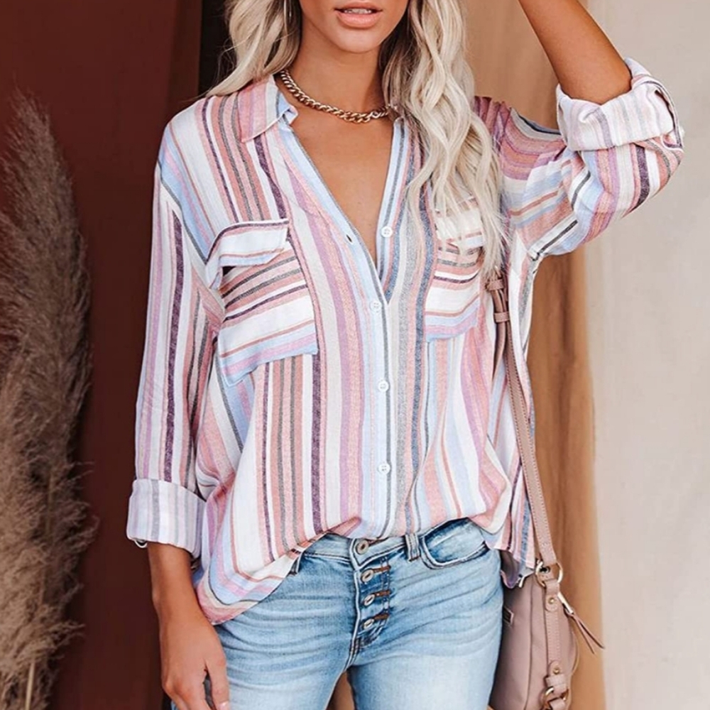 Womens long sleeve v-neck with stripes blouse